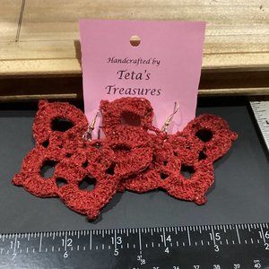 Earrings Red Sparkle Butterfly Crocheted Crochet Hand Crafted